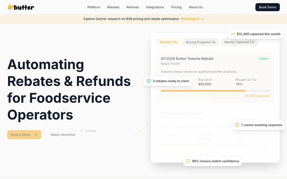 The Butter platform, showing rebate programs and claim progress